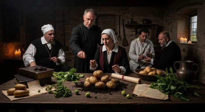 Europese dorpelingen bekijken wantrouwig aardappelen die ooit als duivelsvoer werden beschouwd
