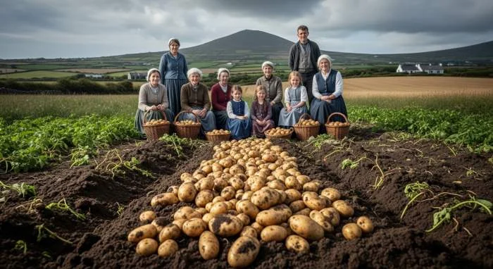 Ierse families verbouwen aardappelen op arme grond tijdens snelle bevolkingsgroei en voedseltekorten