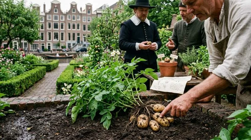 Vroege aardappelplanten in een Nederlandse tuin, oorspronkelijk als exotische sierplant geïntroduceerd in de 17e eeuw