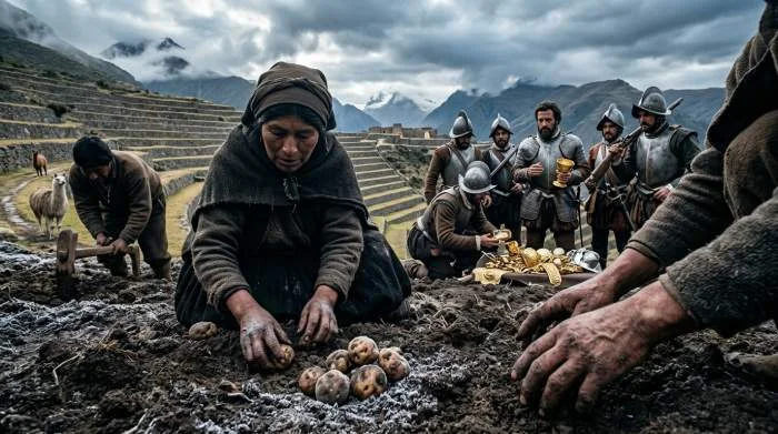 Aardappelen in een mand naast Spaanse soldaten in historische kleding