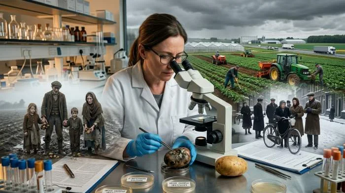 Onderzoeker inspecteert aardappelen op symptomen van Phytophthora infestans