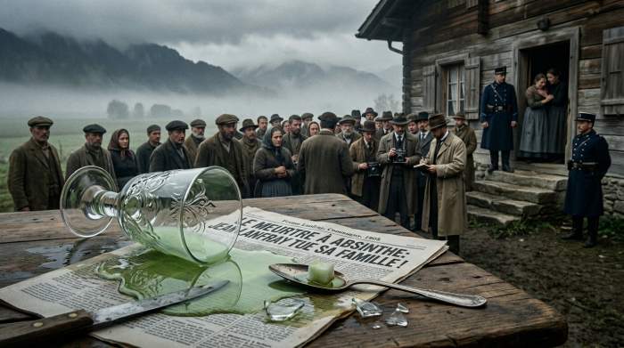 Absintglas naast antieke krant over de absintmoorden en het verbod in 1915