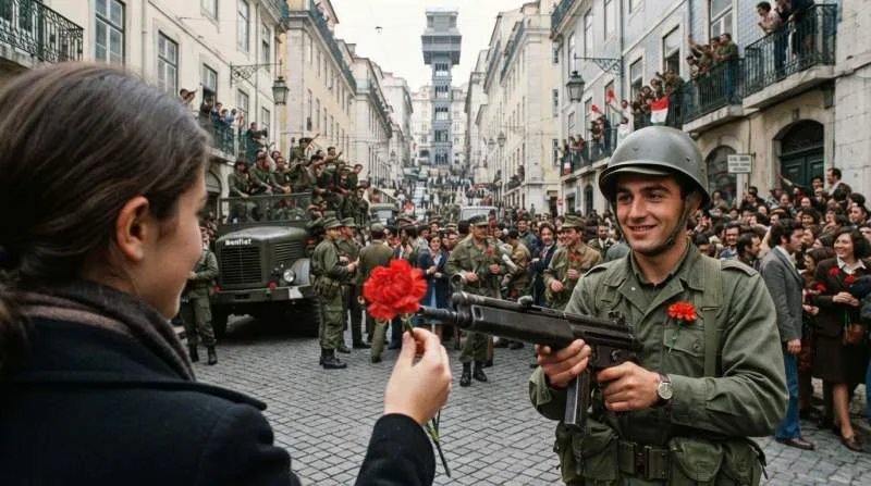 Soldaat met rode anjer in geweerloop tijdens Anjerrevolutie Portugal 1974
