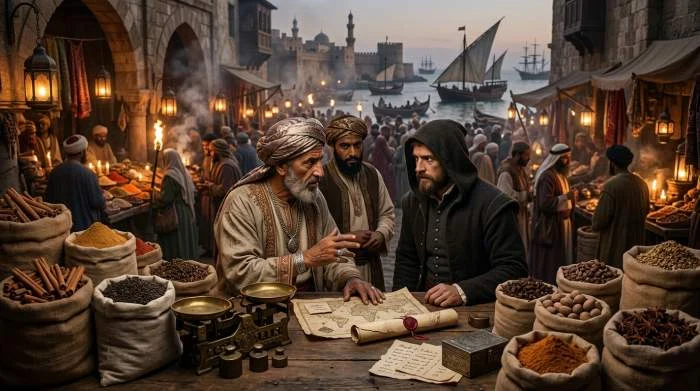 Arabische souk met bergen kaneel en peper in middeleeuwse specerijenhandel