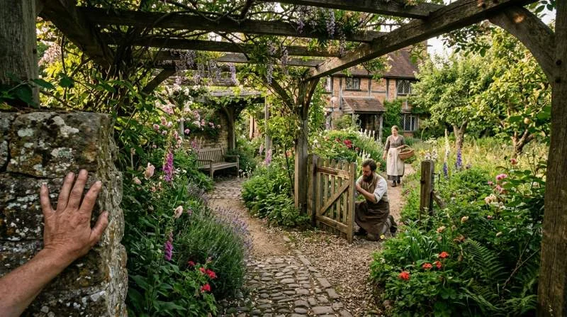 Ruwe natuursteen in Arts and Crafts-tuin
