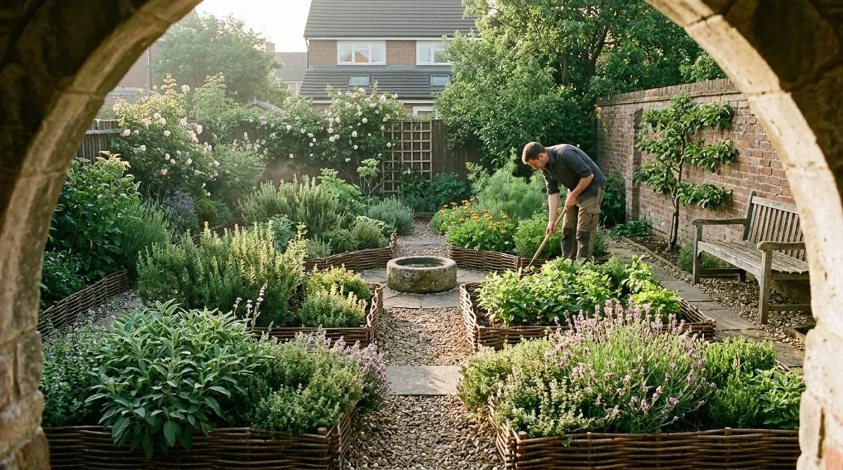 Middeleeuwse kloostertuin met kruidenbedden en paden