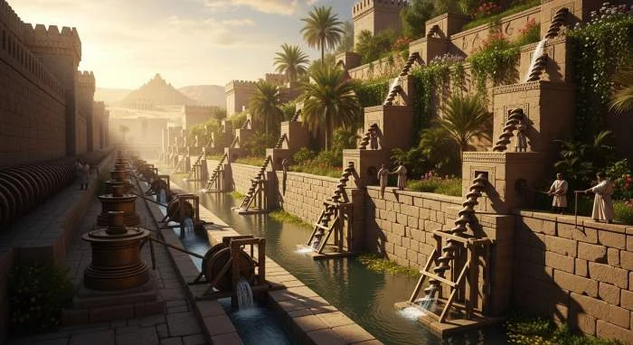 Oude irrigatiesystemen pompen water omhoog naar de hangende tuinen van Babylon