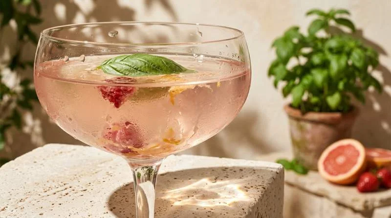 Zomercocktail met basilicum en roze grapefruit
