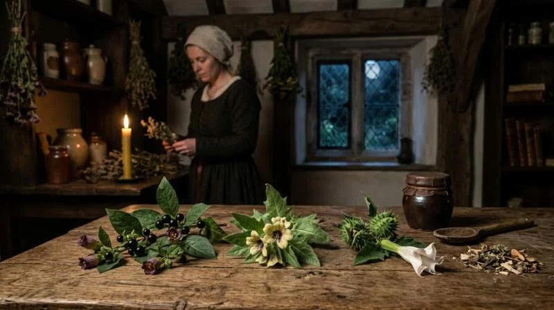 Belladonna met paarse klokvormige bloemen en zwarte bessen uit heksenfolklore