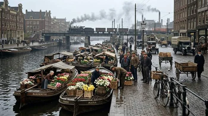 Bloemenmarkt tussen boten en vrachtwagens