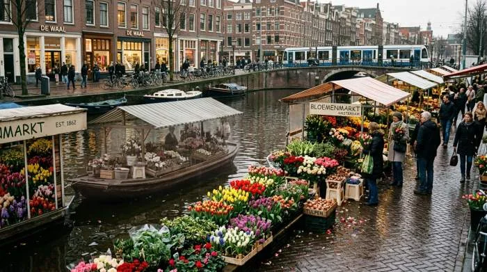 Drijvende bloemenmarkt op het Singel met kleurrijke tulpen en planten