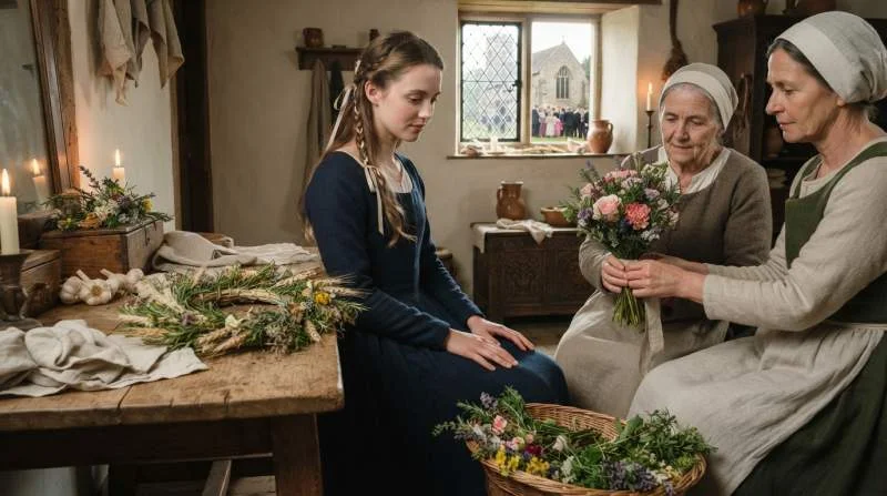 Bruid met historisch boeket van geurige kruiden en vroege bloemen