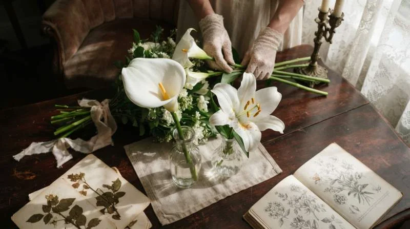 Witte calla (Zantedeschia) naast een echte lelie (Lilium candidum) met stervormige bloem
