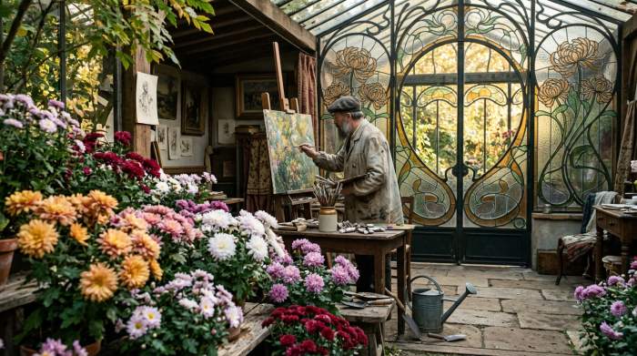 Chrysanten in Franse art nouveau met organische lijnen en vloeiende vormen