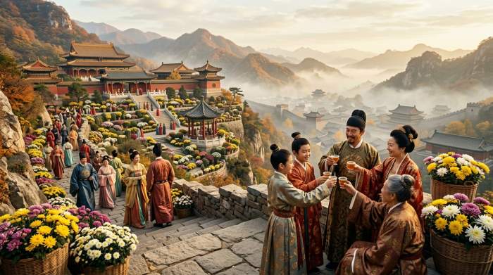 Chrysantenfeest in Tang China met keizerlijke familie en bloeiende tuinen