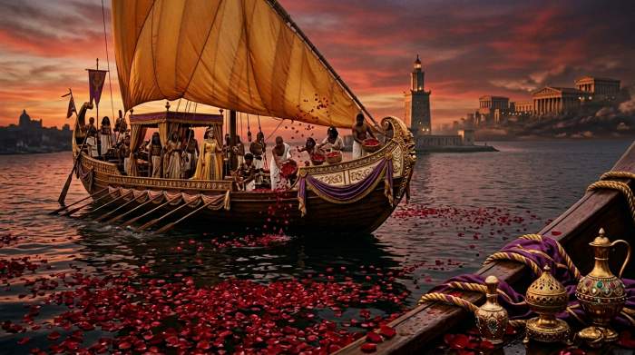 Cleopatra's bark met rozen op het water