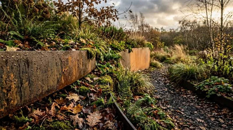 Verweerd cortenstaal met roestbruine patina tussen groene tuinplanten