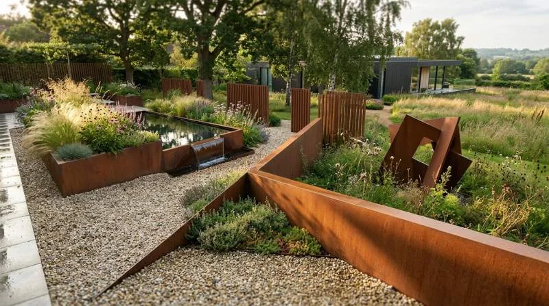 Cortenstaal in de tuin als plantenbak en waterornament