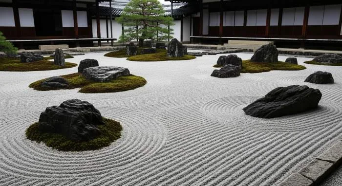 Droge zentuin in Kyoto suggereert stromend water met grind en rotsen