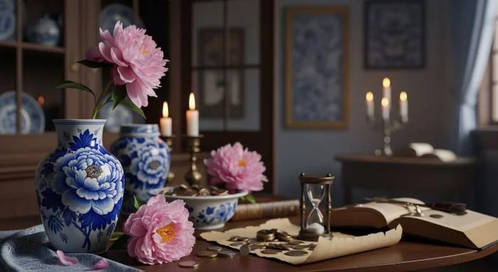 Pioenroos als symbool van vergankelijkheid op Delfts blauw aardewerk