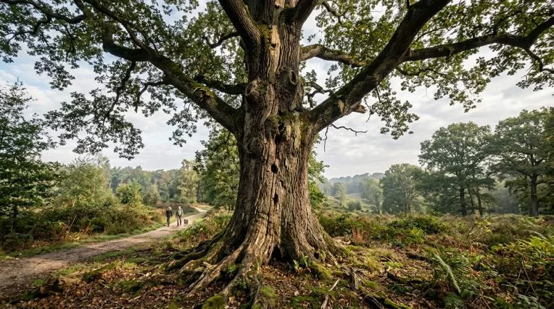 Een oude, knoestige zomereik met een dikke stam en uitgestrekte takken op een landgoed in Gelderland