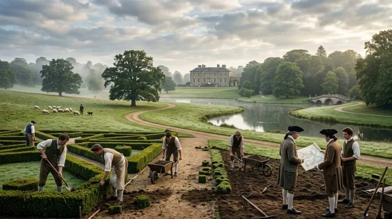 Formele Franse tuin met strakke geometrie verandert in natuurlijke Engelse landschapstuin