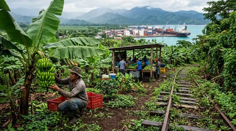 Bananenplantage in Centraal-Amerika, met bananen die groeien aan een hoge plant en een landarbeider tussen de rijen.