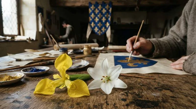 Vergelijking van iris en lelie bij het heraldische fleur-de-lis symbool