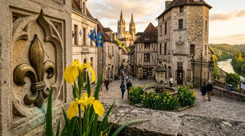 Iris naast fleur-de-lis symbool in Franse stad