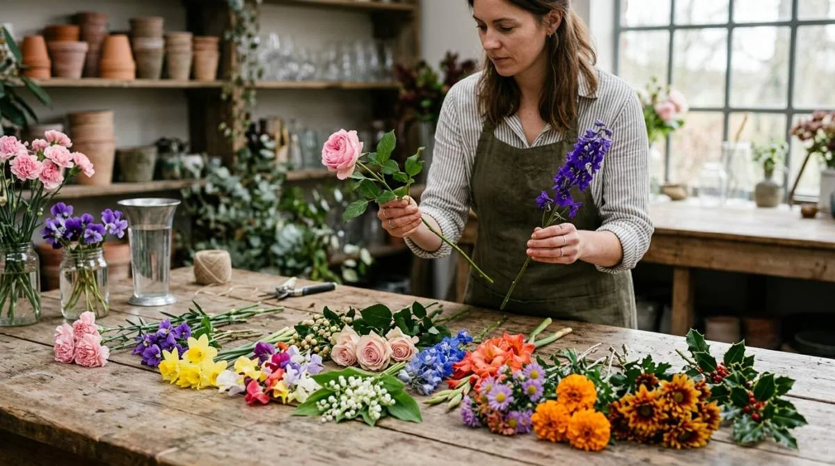 Bloemist met verschillende geboortebloemen op een werktafel