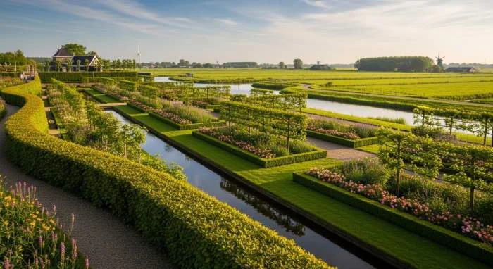 Symmetrische parterre met geschoren hagen in Nederlandse renaissance-tuin