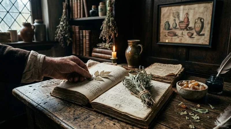 Vergeelde historische kruidenboeken en gedroogde kruiden uit de vroege 18e eeuw