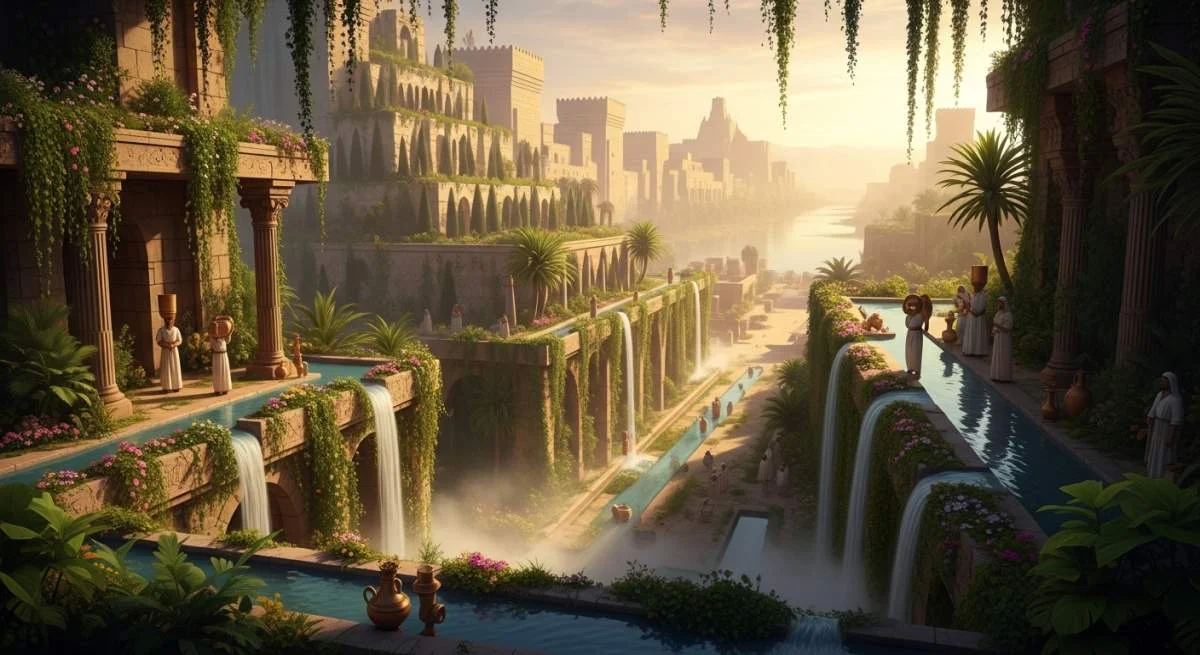 Hangende tuinen van Babylon met watervallen, terrassen en weelderige planten in woestijnstad