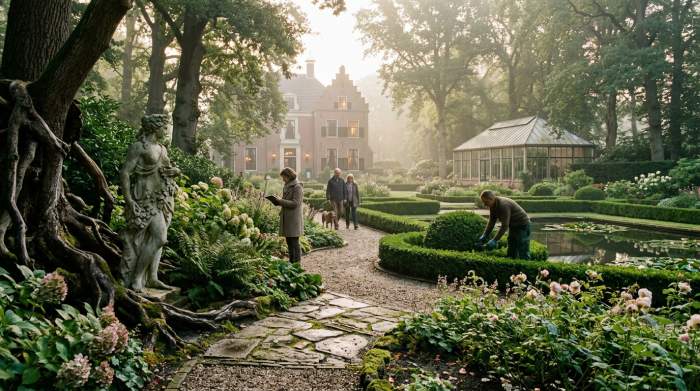 Overwoekerde lanen en oude bomen in een vergeten tuin op een Nederlands landgoed