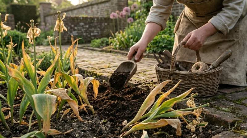 Vergelende tulpenbladeren na de bloei, zodat de bollen reserves opbouwen voor het volgende voorjaar