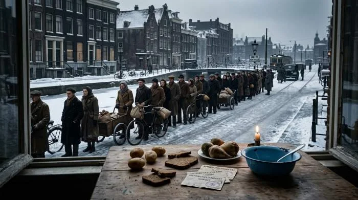 Schaarse aardappelen worden uitgedeeld tijdens de Hongerwinter van 1944-1945