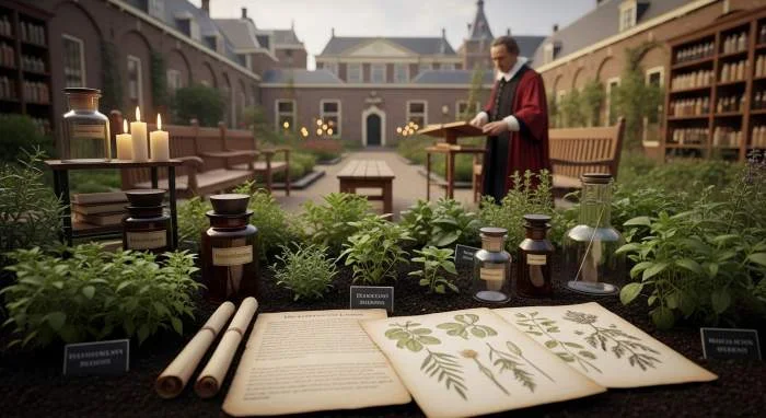 Clusius leidt studenten door de Hortus Botanicus in Leiden