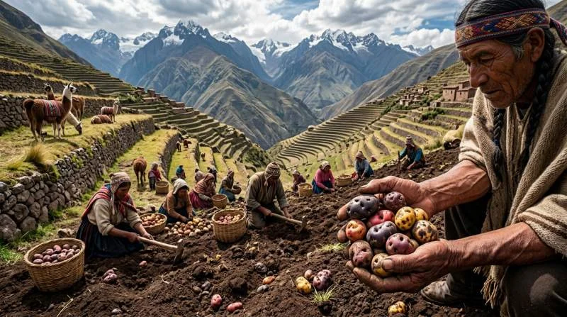 Inca boeren met diverse aardappelrassen