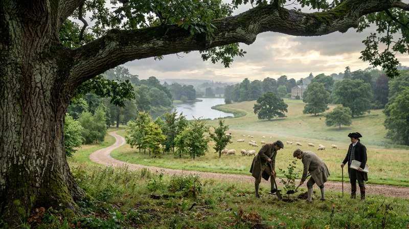 Eiken en beuken in een Engelse landschapstuin met kronkelend pad