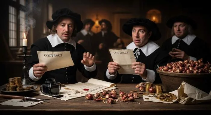 Nederlandse handelaren reageren geschokt op de instorting van de tulpenmarkt in 1637