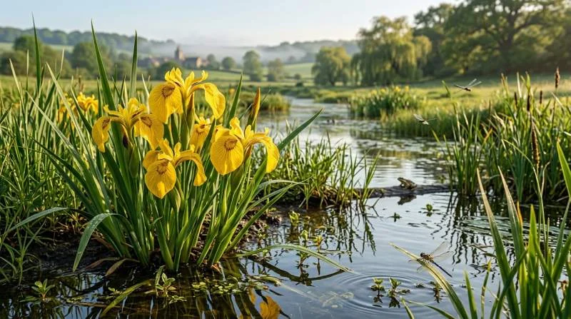 Gele lis met opvallende bloemen groeit wild in een ondiep Europees moeras