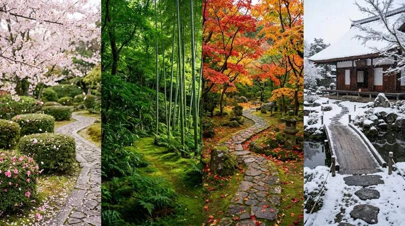 Stille zen-tuin met geharkt grind en mos tussen stenen in Kyoto