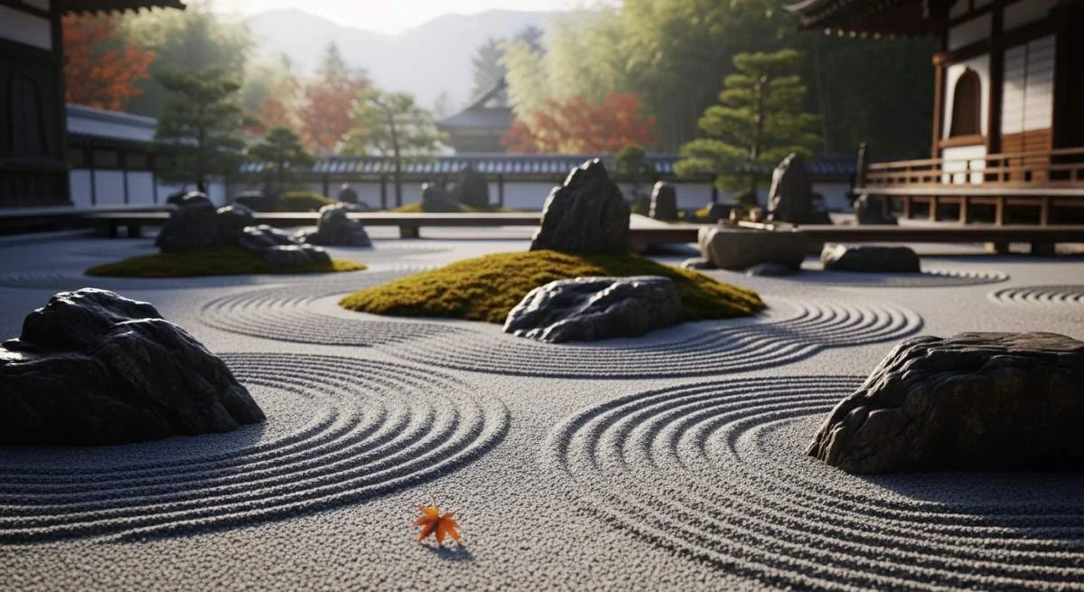 Japanse zentuin met geharkte stenen en grind symboliseert rust en contemplatie