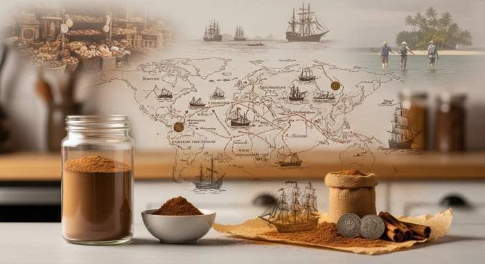 Moderne kaneelpot naast oude handelskaarten verwijst naar historische specerijenroutes en koloniale handel
