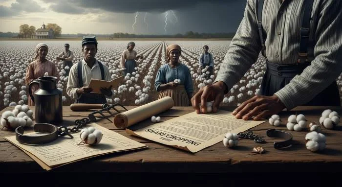 Sharecroppers werken op katoenvelden waar schulden slavernij na de Burgeroorlog vervingen
