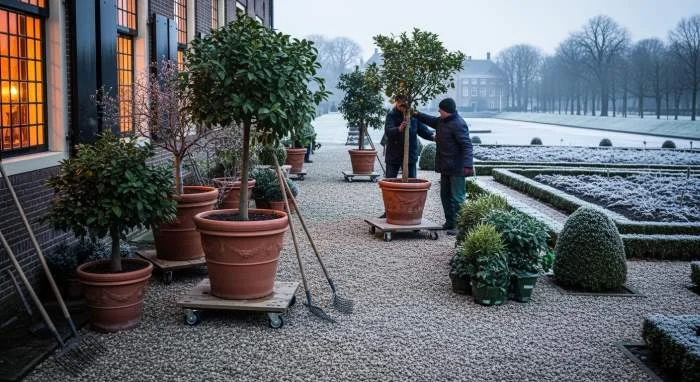 Tuiniers verplaatsen plantenpotten