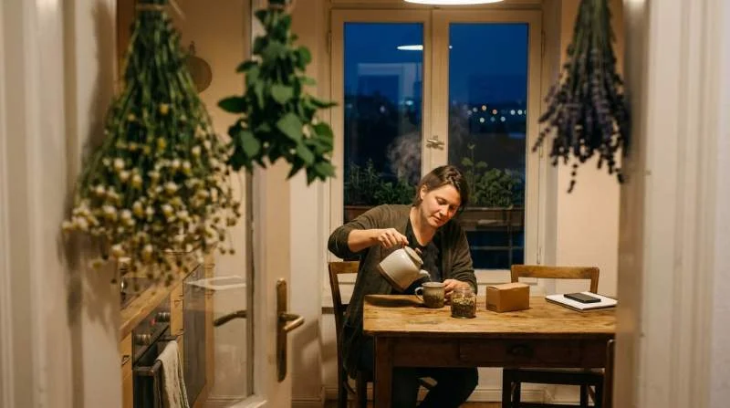 Kopje rustgevende kruidenthee met kamille en lavendel voor het slapengaan
