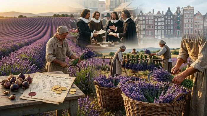 Lavendelveld met bloeiende paarse planten naast tulpenbollen en getekende handelscontracten