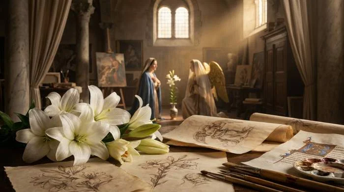 Witte lelie met fluwelen bloemblaadjes in renaissanceschilderstijl als symbool van zuiverheid