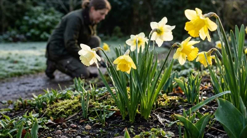 Gele en witte narcissen, de geboortebloem van maart, bloeien in een lentetuin